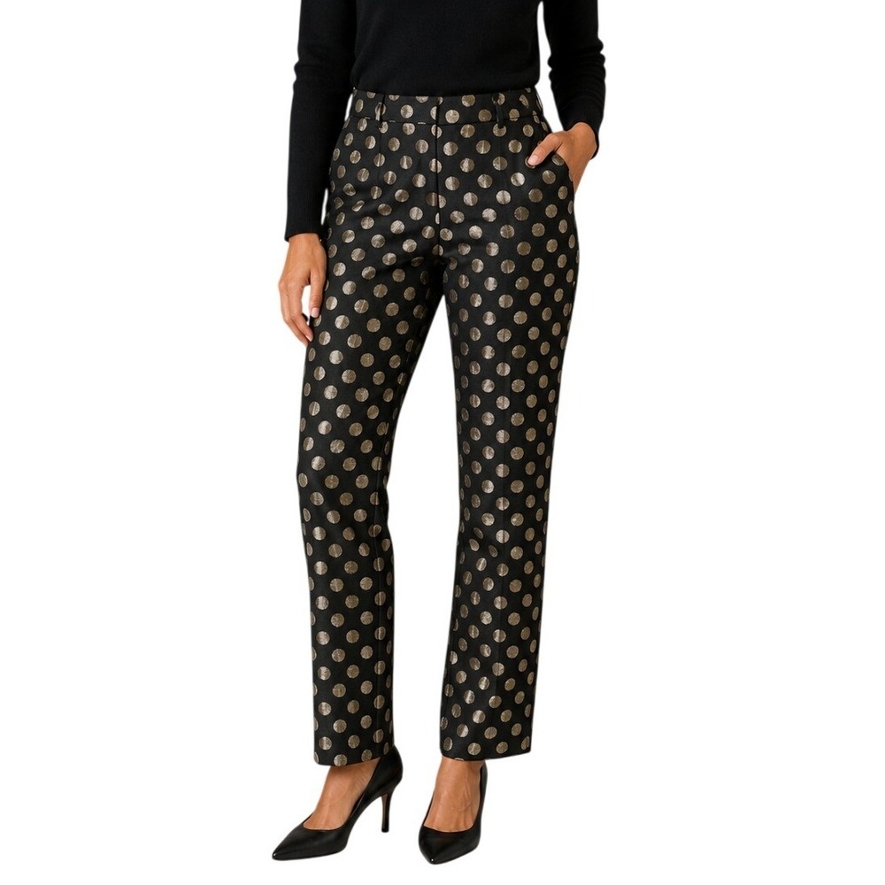 Boden Black Gold Metallic Polka Dot Jacquard Straight Leg Pants Women's 4